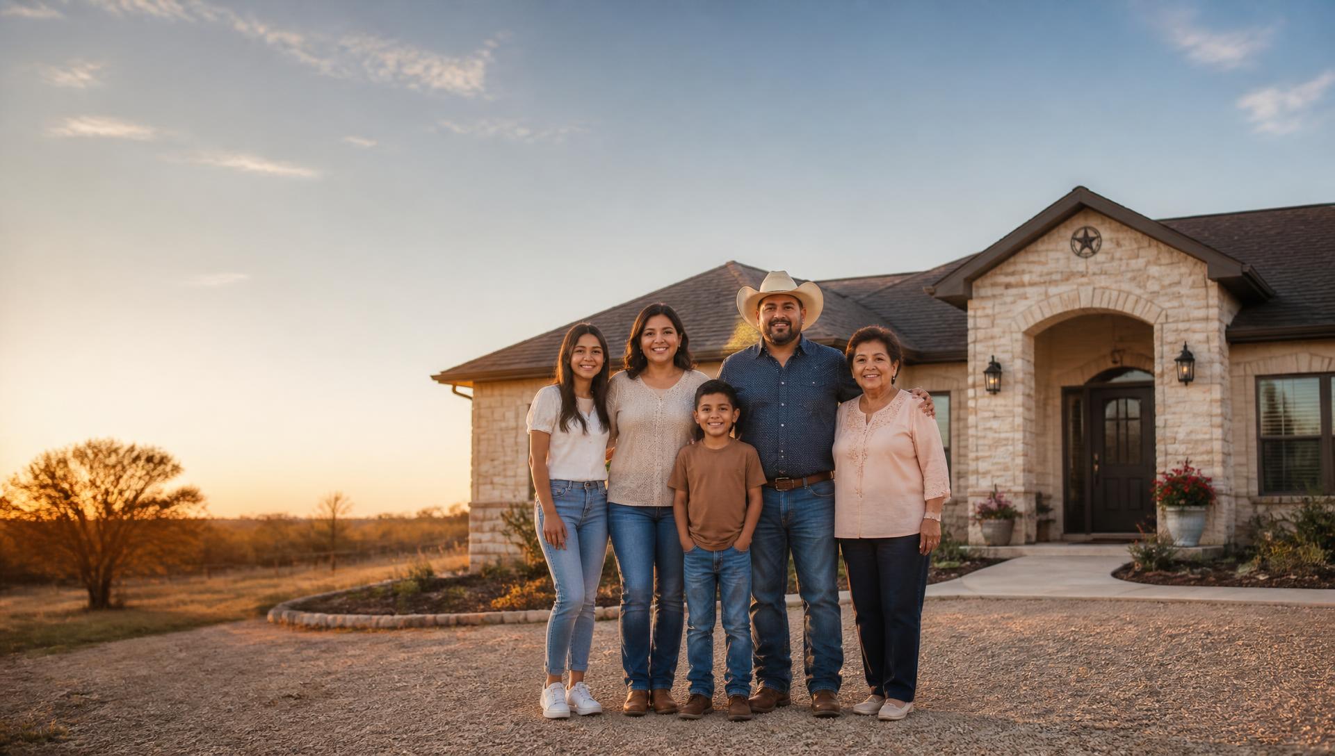Familia hispana multigeneracional en el porche de su casa en Texas